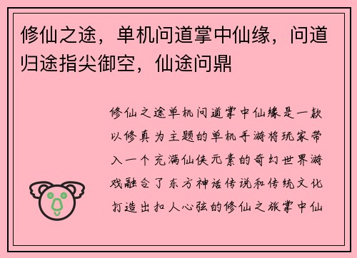 修仙之途，单机问道掌中仙缘，问道归途指尖御空，仙途问鼎