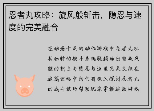 忍者丸攻略：旋风般斩击，隐忍与速度的完美融合
