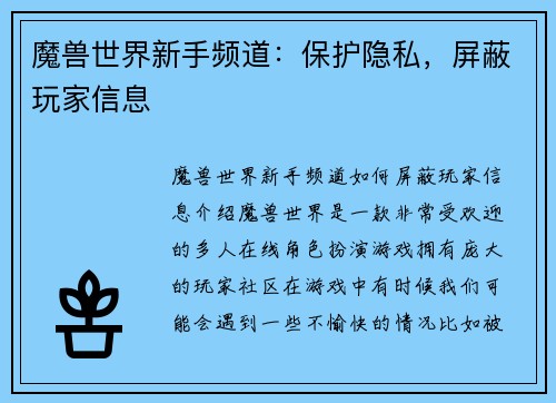 魔兽世界新手频道：保护隐私，屏蔽玩家信息