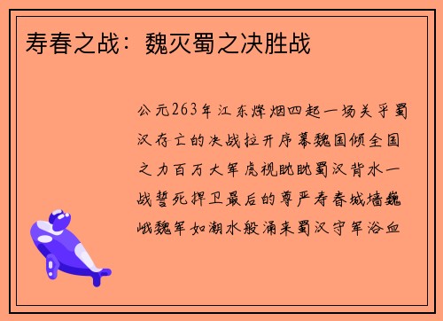 寿春之战：魏灭蜀之决胜战